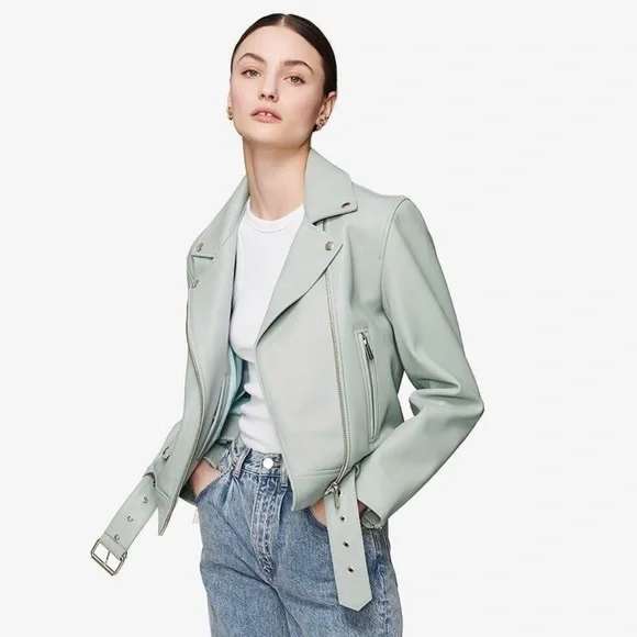 Anine Bing Benjamin Moto Leather Jacket in Dusty Mint